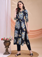 Floral Printed A-Line Kurta With Pant & Dupatta, Navy Blue - Hiral Fashion - Distacart