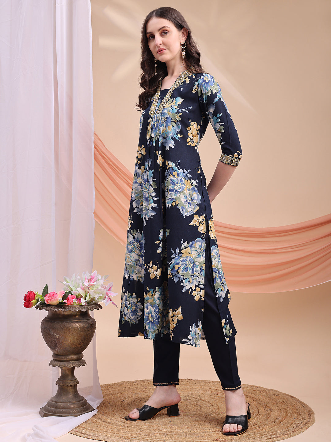 Floral Printed A-Line Kurta With Pant & Dupatta, Navy Blue - Hiral Fashion - Distacart