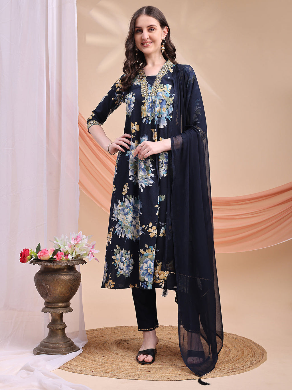 Floral Printed A-Line Kurta With Pant & Dupatta, Navy Blue - Hiral Fashion - Distacart