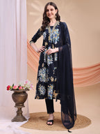 Floral Printed A-Line Kurta With Pant & Dupatta, Navy Blue - Hiral Fashion - Distacart