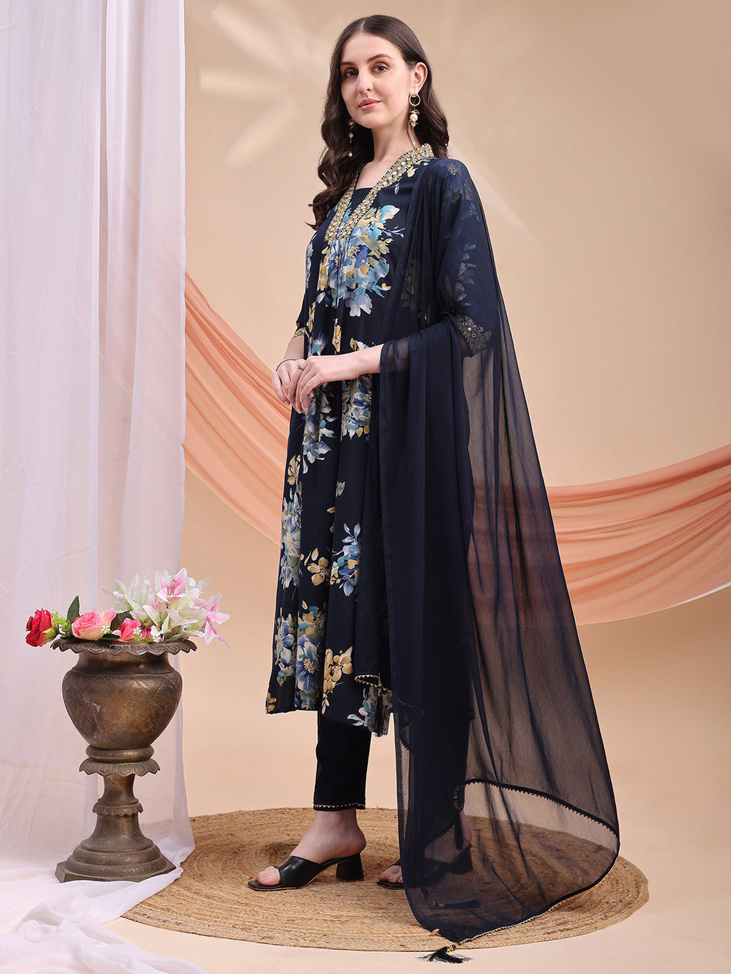 Floral Printed A-Line Kurta With Pant & Dupatta, Navy Blue - Hiral Fashion - Distacart