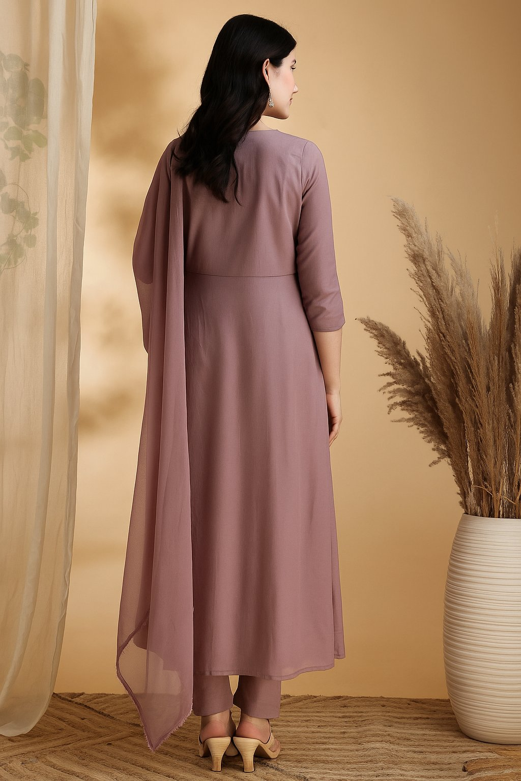 Angrakha Style Embroidered Anarkali Kurta With Pant & Dupatta, Mauve - Hiral Fashion - Distacart