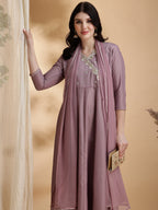 Angrakha Style Embroidered Anarkali Kurta With Pant & Dupatta, Mauve - Hiral Fashion - Distacart