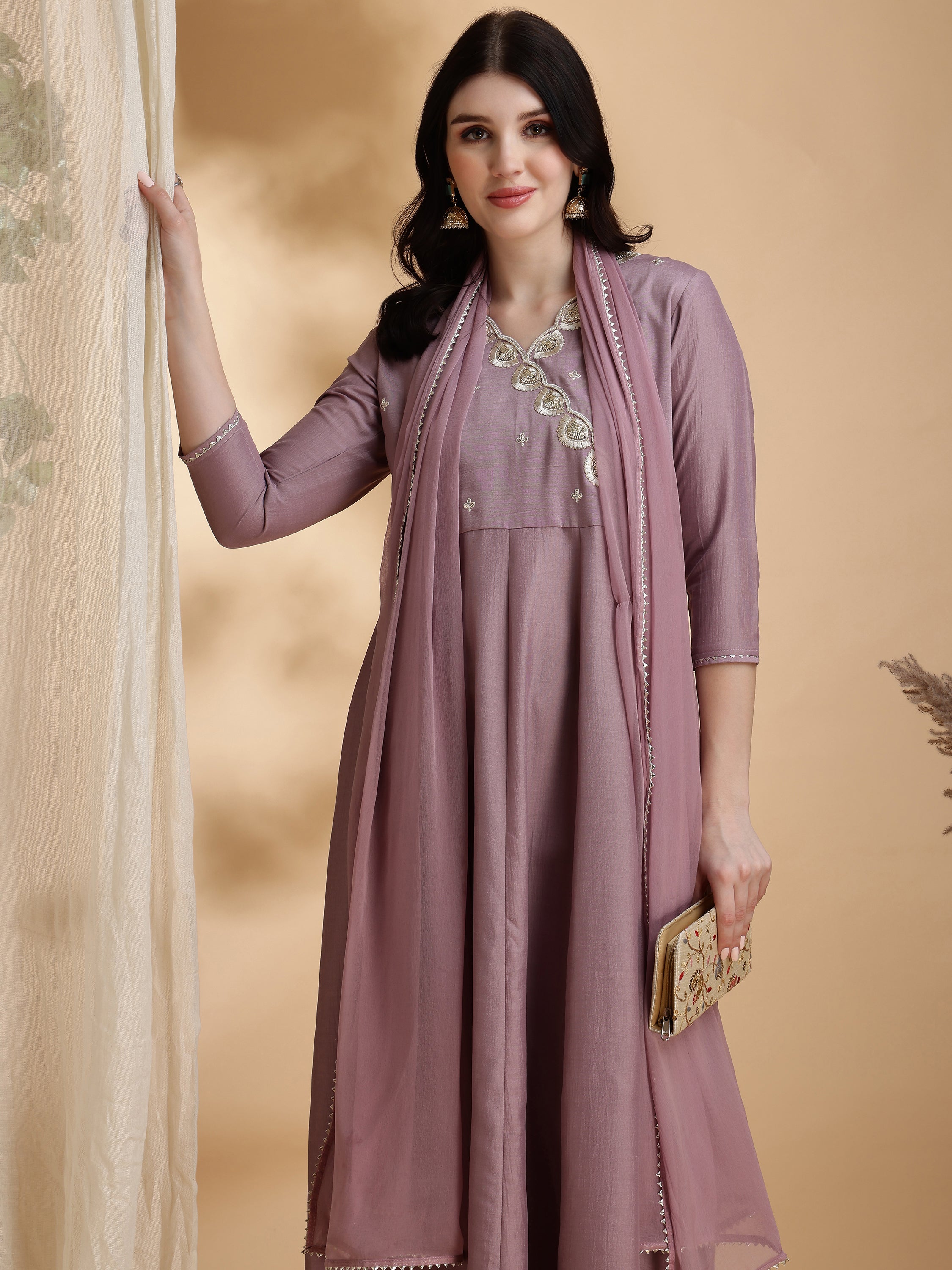 Angrakha Style Embroidered Anarkali Kurta With Pant & Dupatta, Mauve - Hiral Fashion - Distacart