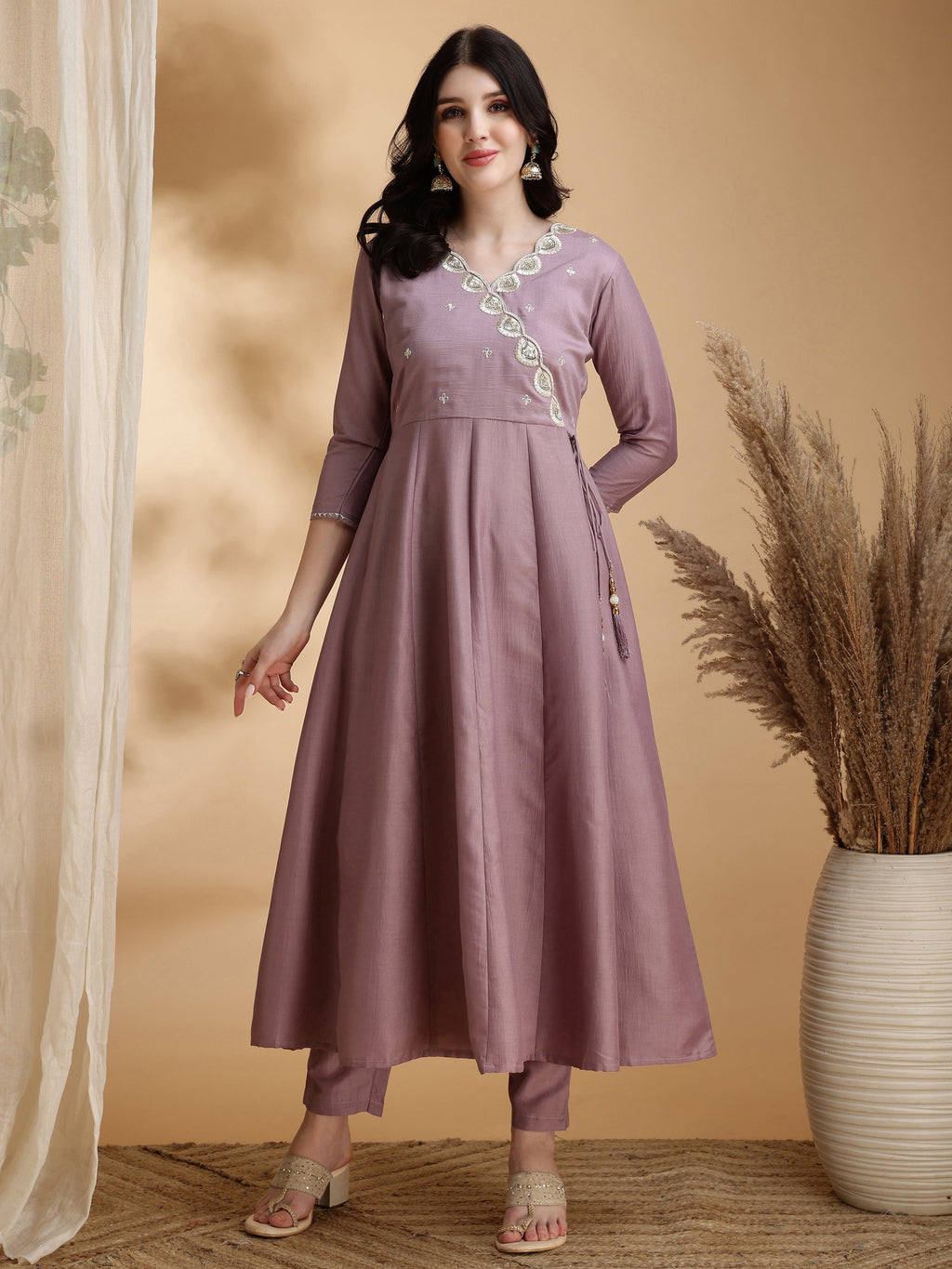 Angrakha Style Embroidered Anarkali Kurta With Pant & Dupatta, Mauve - Hiral Fashion - Distacart