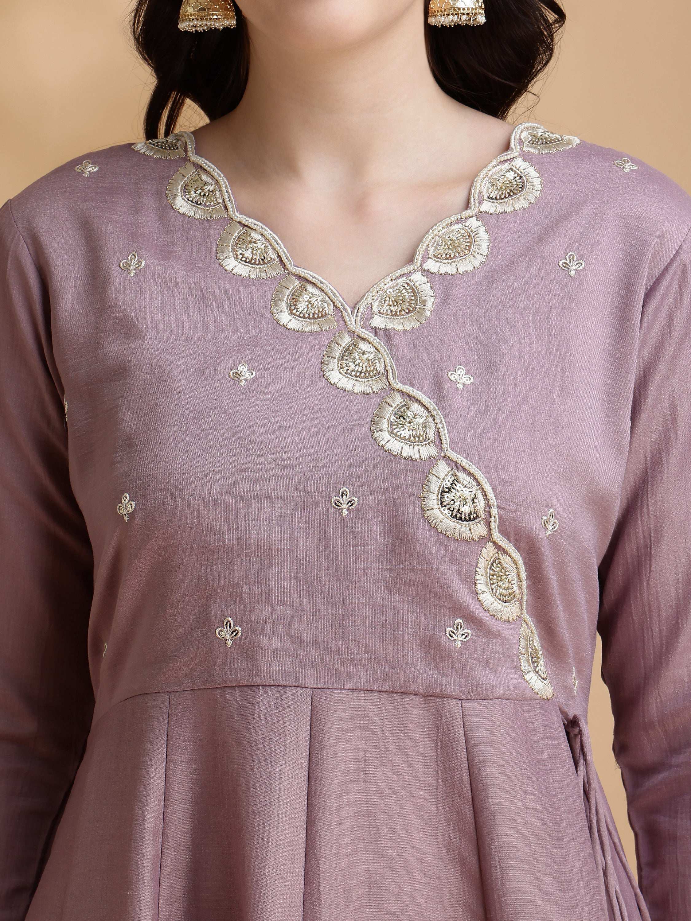 Angrakha Style Embroidered Anarkali Kurta With Pant & Dupatta, Mauve - Hiral Fashion - Distacart