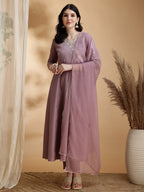 Angrakha Style Embroidered Anarkali Kurta With Pant & Dupatta, Mauve - Hiral Fashion - Distacart