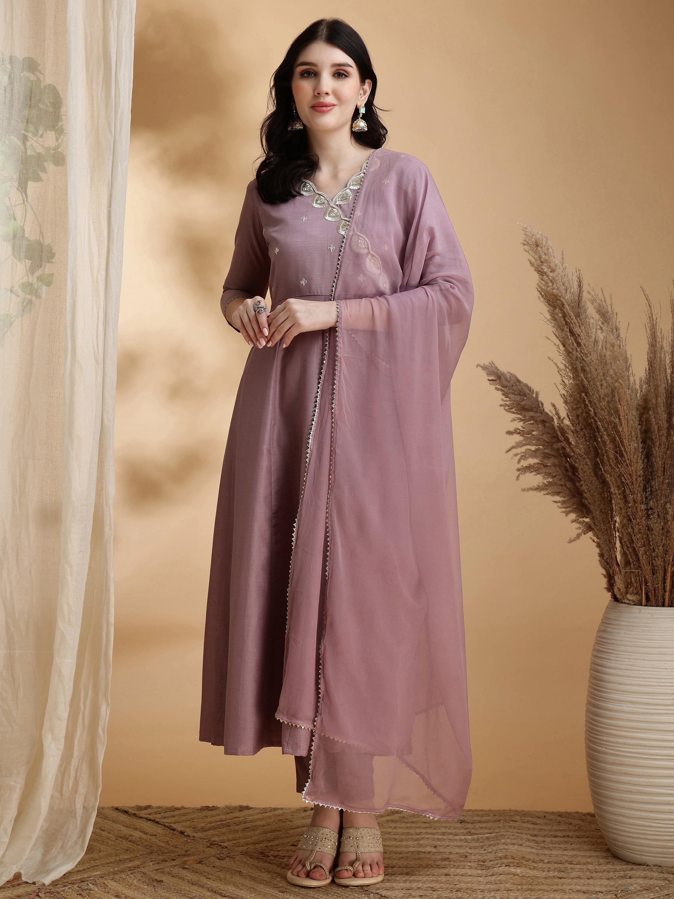 Angrakha Style Embroidered Anarkali Kurta With Pant & Dupatta, Mauve - Hiral Fashion - Distacart