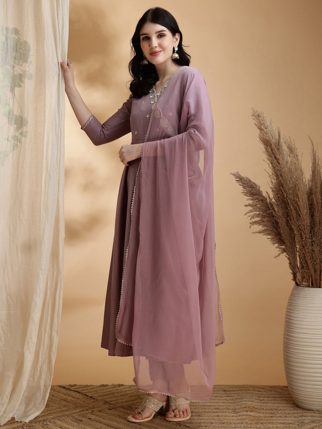 Angrakha Style Embroidered Anarkali Kurta With Pant & Dupatta, Mauve - Hiral Fashion - Distacart