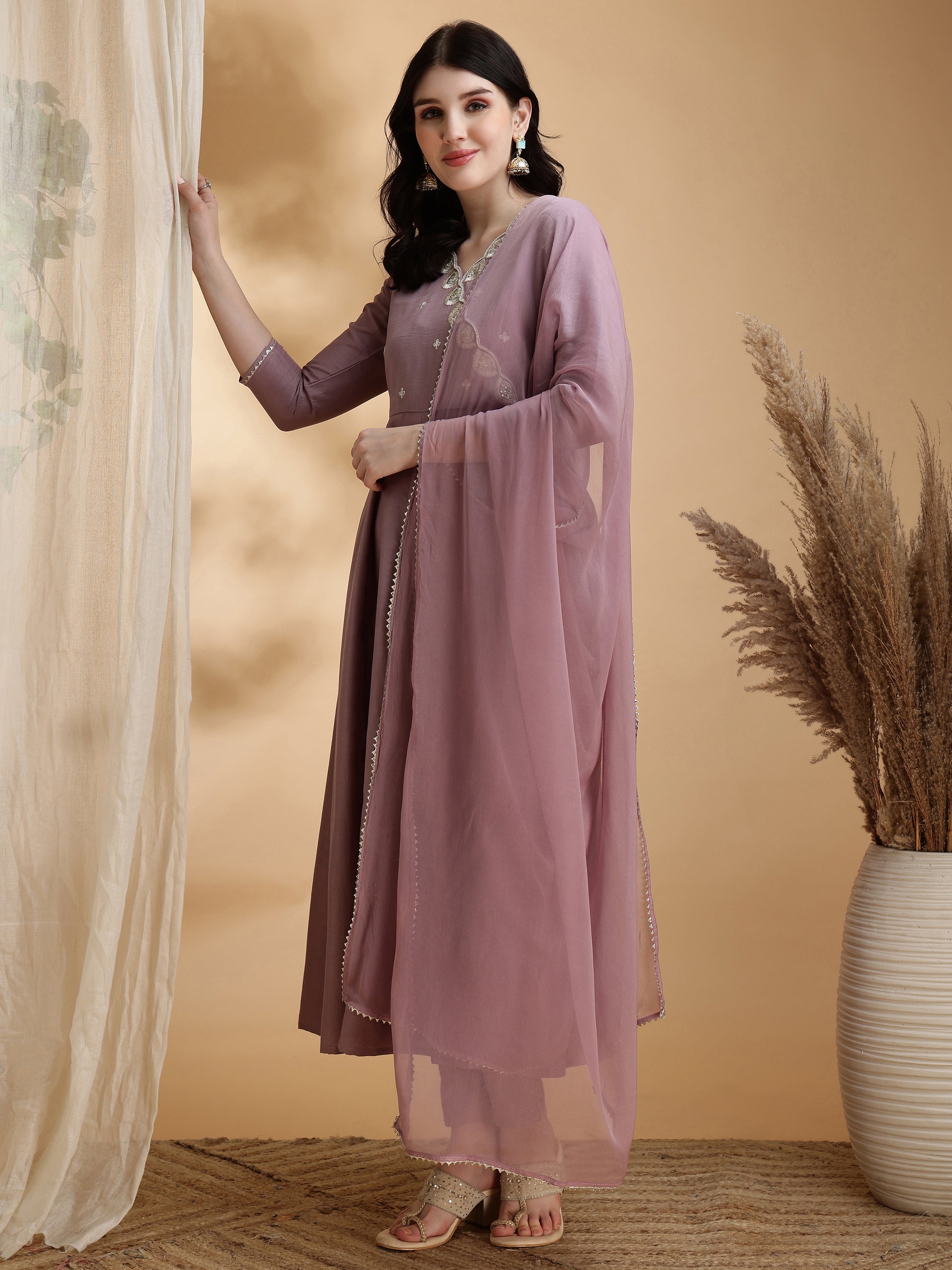 Angrakha Style Embroidered Anarkali Kurta With Pant & Dupatta, Mauve - Hiral Fashion - Distacart