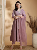 Angrakha Style Embroidered Anarkali Kurta With Pant & Dupatta, Mauve - Hiral Fashion - Distacart