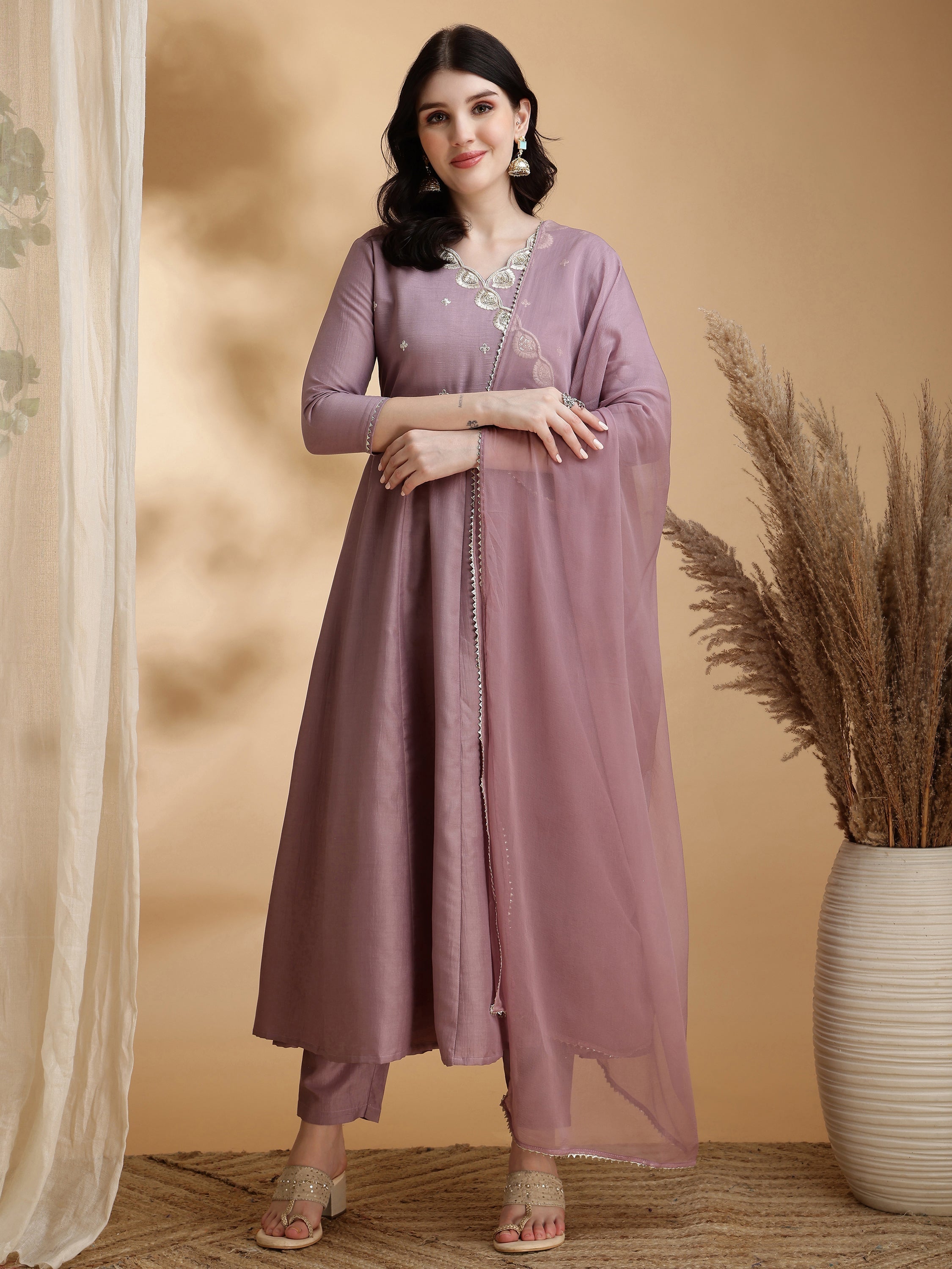 Angrakha Style Embroidered Anarkali Kurta With Pant & Dupatta, Mauve - Hiral Fashion - Distacart