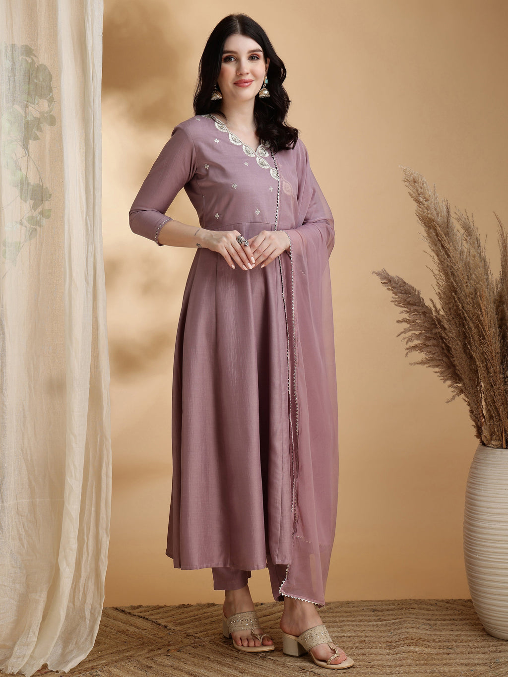 Angrakha Style Embroidered Anarkali Kurta With Pant & Dupatta, Mauve - Hiral Fashion - Distacart