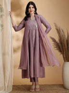 Angrakha Style Embroidered Anarkali Kurta With Pant & Dupatta, Mauve - Hiral Fashion - Distacart
