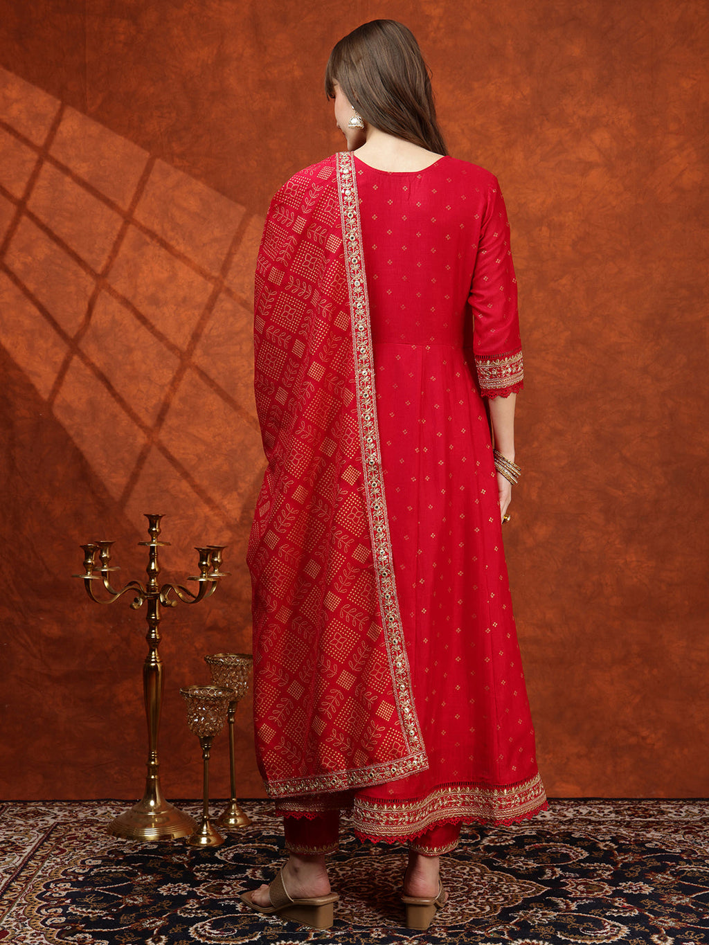 Embroidered Anarkali Kurta With Pant & Bandhni Printed Dupatta, Pink - Hiral Fashion - Distacart