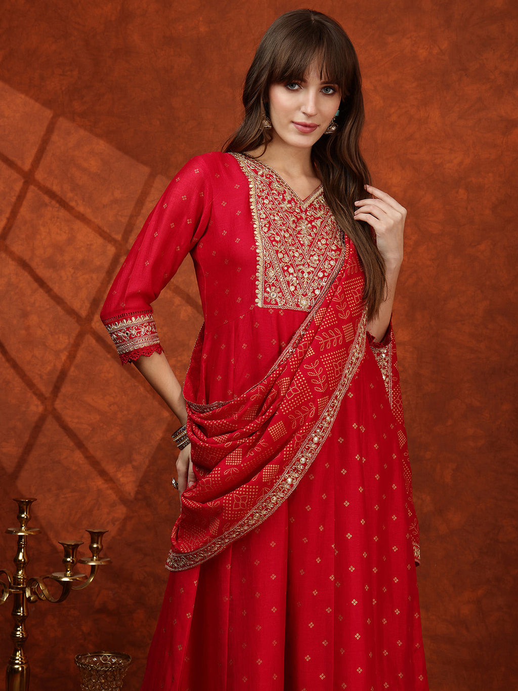 Embroidered Anarkali Kurta With Pant & Bandhni Printed Dupatta, Pink - Hiral Fashion - Distacart