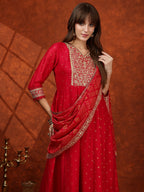 Embroidered Anarkali Kurta With Pant & Bandhni Printed Dupatta, Pink - Hiral Fashion - Distacart