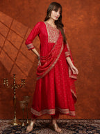 Embroidered Anarkali Kurta With Pant & Bandhni Printed Dupatta, Pink - Hiral Fashion - Distacart
