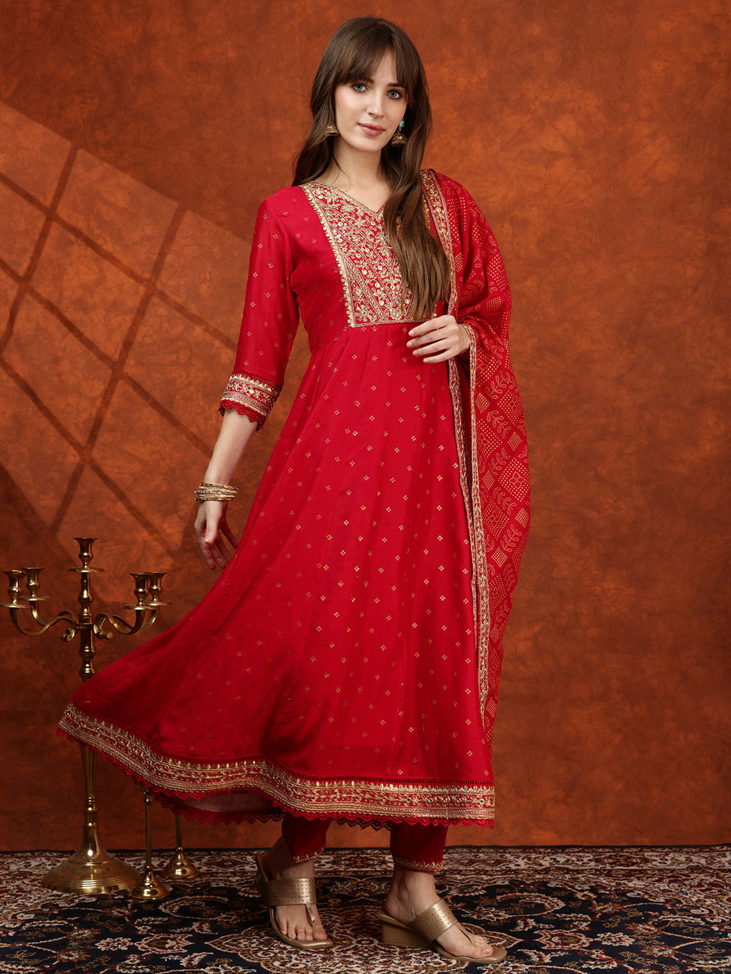 Embroidered Anarkali Kurta With Pant & Bandhni Printed Dupatta, Pink - Hiral Fashion - Distacart