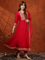 Embroidered Anarkali Kurta With Pant & Bandhni Printed Dupatta, Pink - Hiral Fashion - Distacart