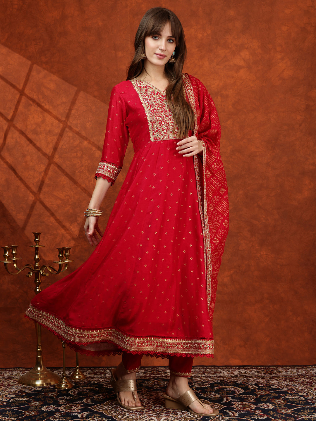 Embroidered Anarkali Kurta With Pant & Bandhni Printed Dupatta, Pink - Hiral Fashion - Distacart