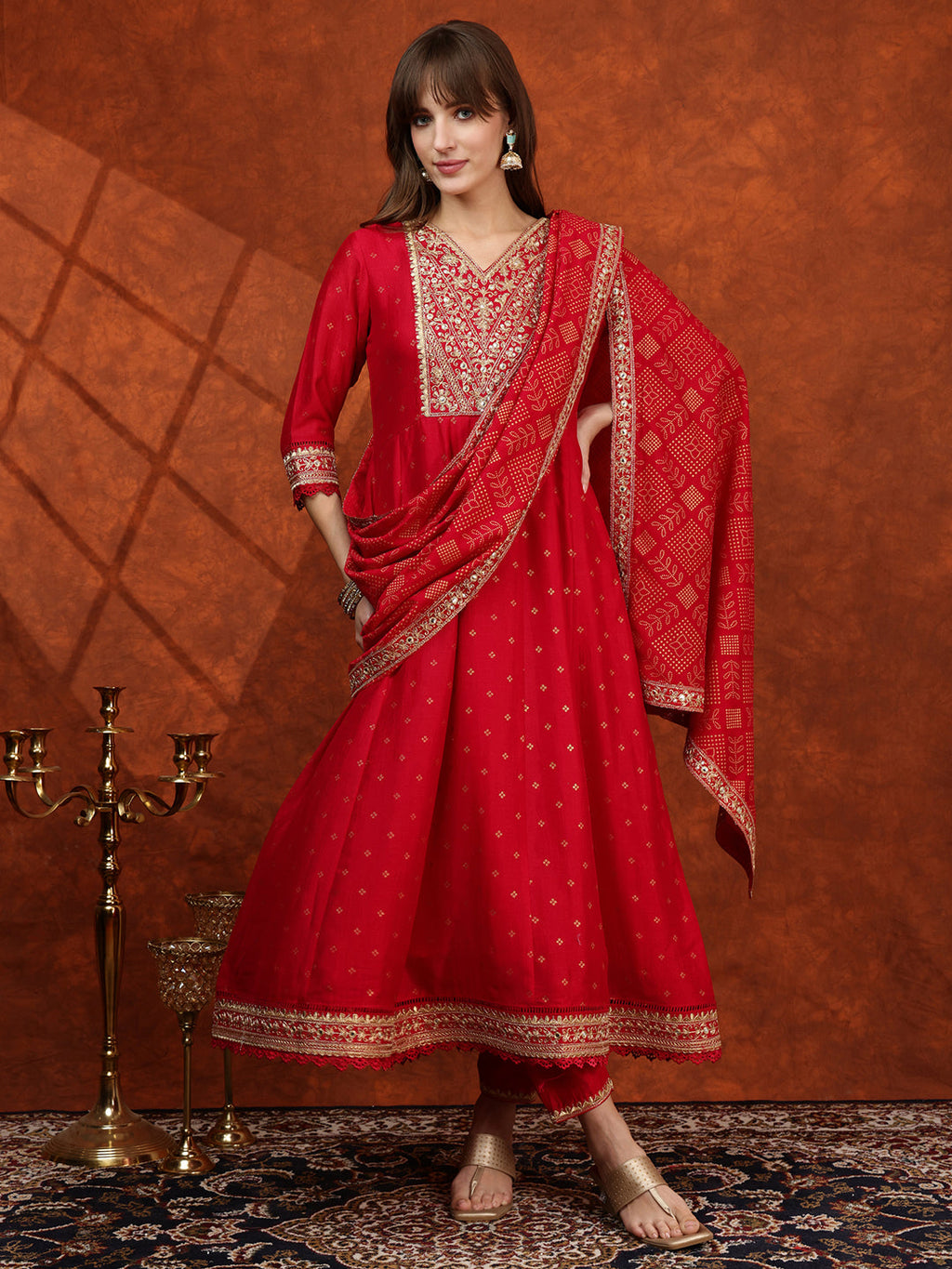Embroidered Anarkali Kurta With Pant & Bandhni Printed Dupatta, Pink - Hiral Fashion - Distacart