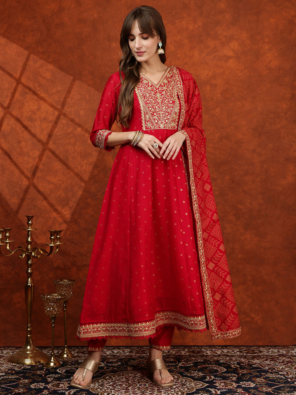 Embroidered Anarkali Kurta With Pant & Bandhni Printed Dupatta, Pink - Hiral Fashion - Distacart