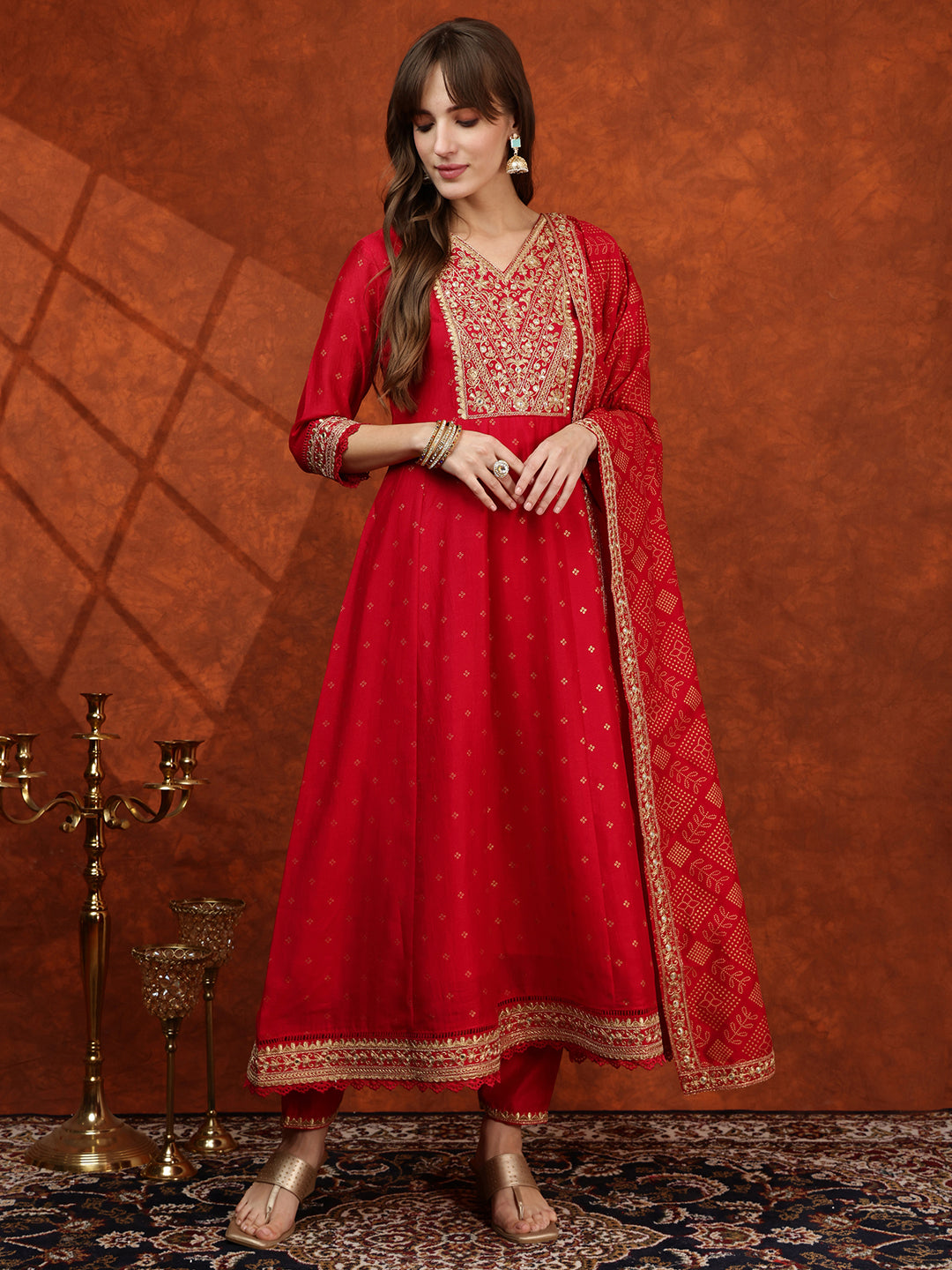 Embroidered Anarkali Kurta With Pant & Bandhni Printed Dupatta, Pink - Hiral Fashion - Distacart