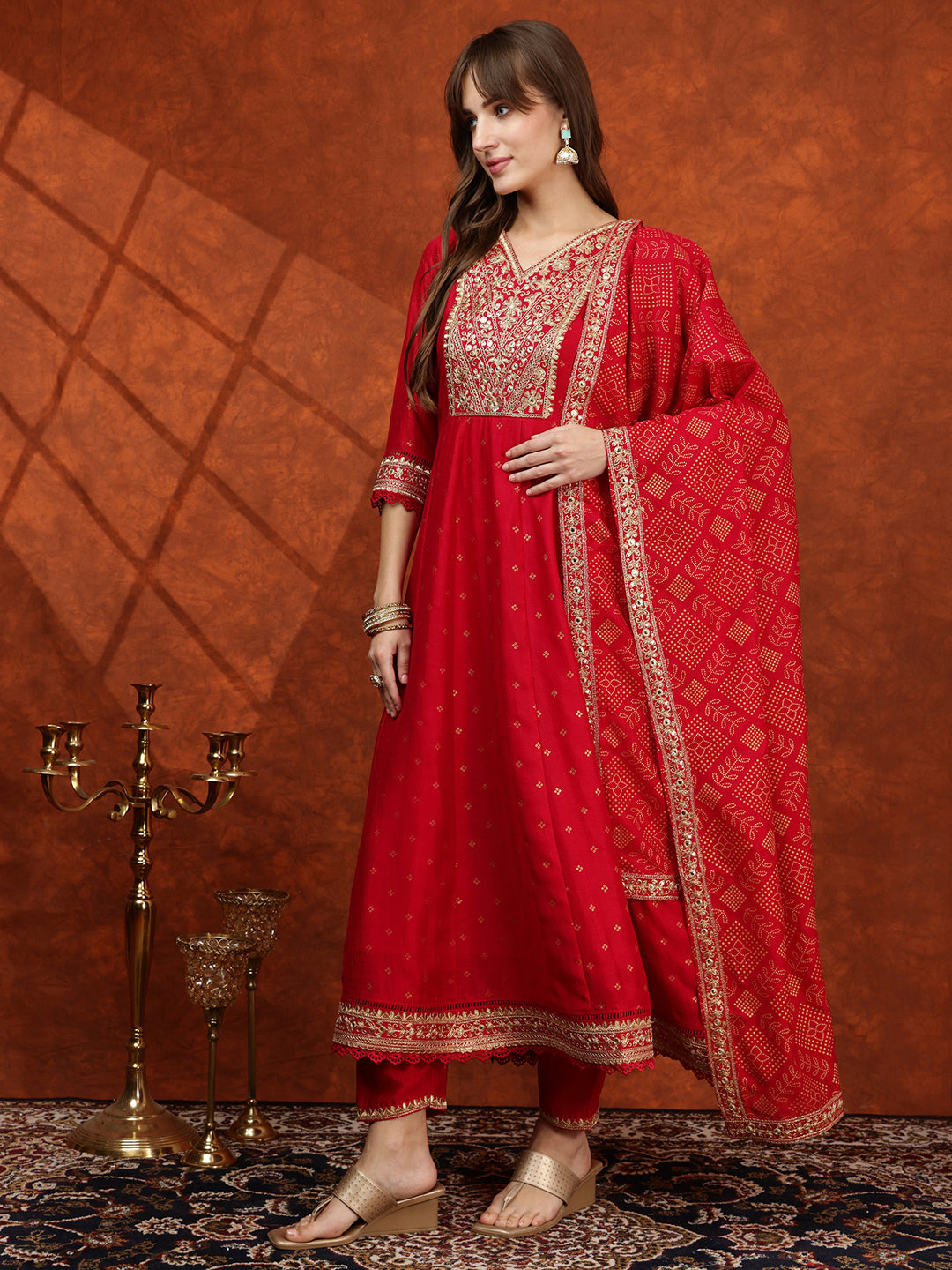 Embroidered Anarkali Kurta With Pant & Bandhni Printed Dupatta, Pink - Hiral Fashion - Distacart