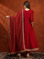 Embroidered Anarkali Kurta With Pant & Bandhni Printed Dupatta, Maroon - Hiral Fashion - Distacart