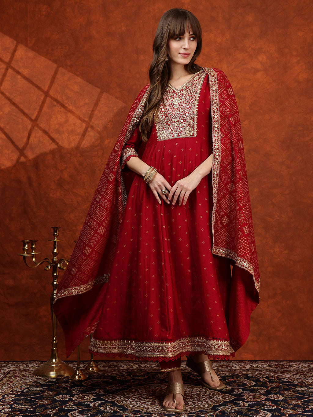 Embroidered Anarkali Kurta With Pant & Bandhni Printed Dupatta, Maroon - Hiral Fashion - Distacart