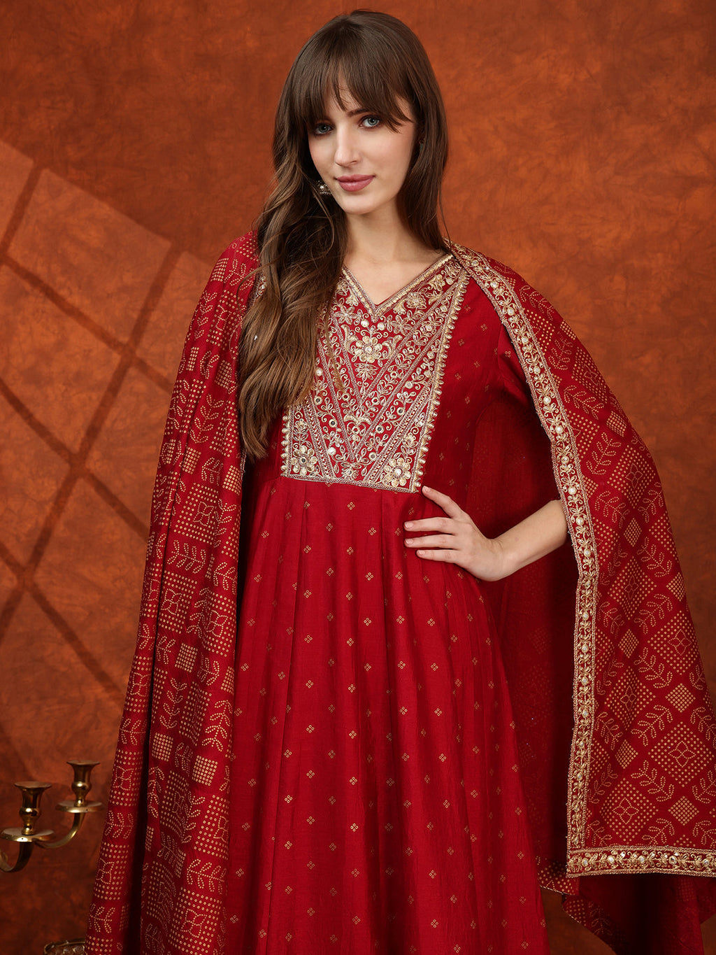 Embroidered Anarkali Kurta With Pant & Bandhni Printed Dupatta, Maroon - Hiral Fashion - Distacart