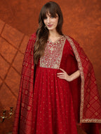 Embroidered Anarkali Kurta With Pant & Bandhni Printed Dupatta, Maroon - Hiral Fashion - Distacart