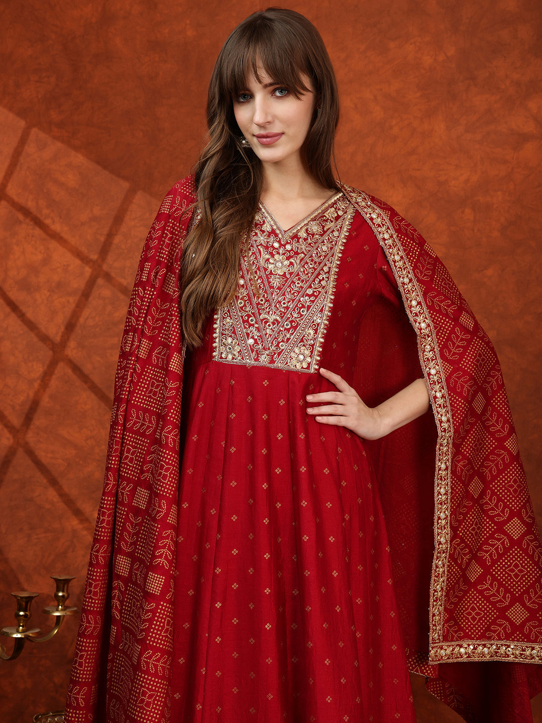 Embroidered Anarkali Kurta With Pant & Bandhni Printed Dupatta, Maroon - Hiral Fashion - Distacart