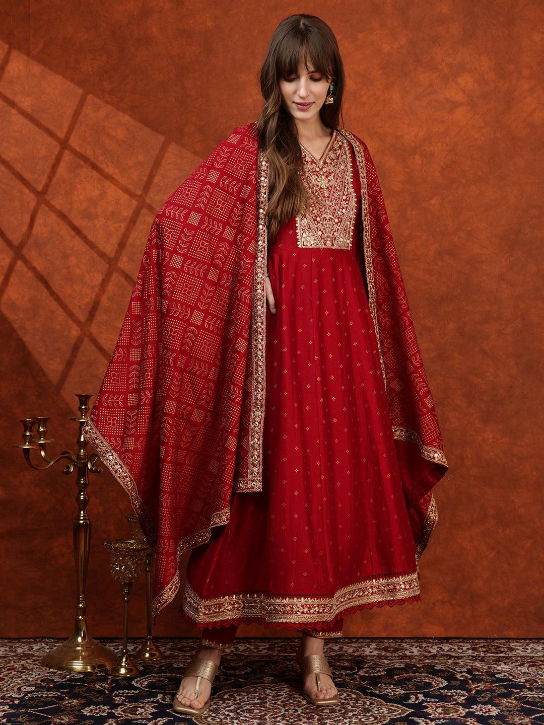 Embroidered Anarkali Kurta With Pant & Bandhni Printed Dupatta, Maroon - Hiral Fashion - Distacart
