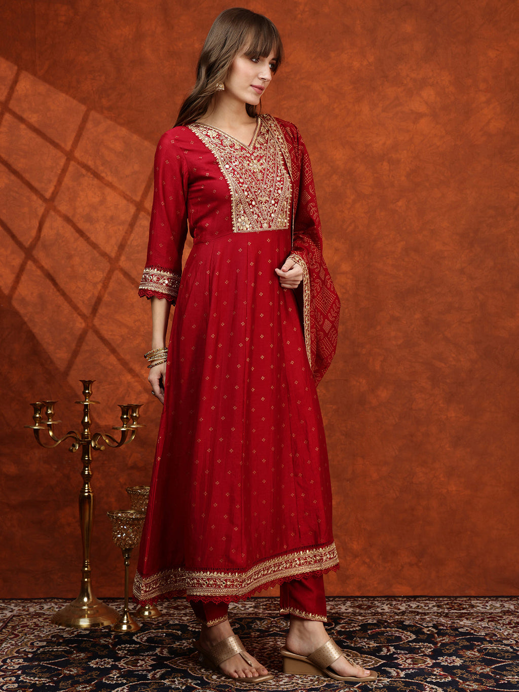 Embroidered Anarkali Kurta With Pant & Bandhni Printed Dupatta, Maroon - Hiral Fashion - Distacart