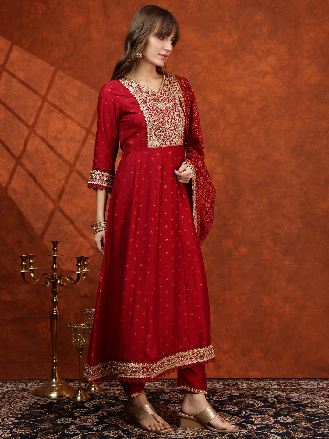 Embroidered Anarkali Kurta With Pant & Bandhni Printed Dupatta, Maroon - Hiral Fashion - Distacart