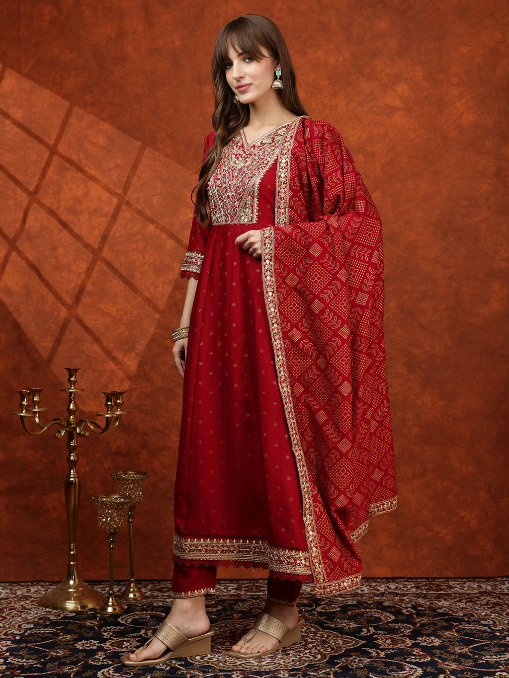 Embroidered Anarkali Kurta With Pant & Bandhni Printed Dupatta, Maroon - Hiral Fashion - Distacart