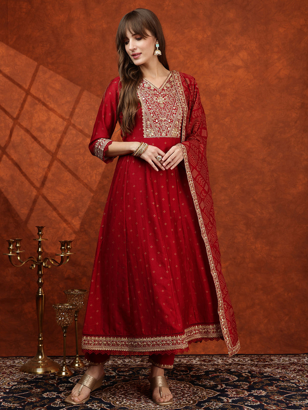 Embroidered Anarkali Kurta With Pant & Bandhni Printed Dupatta, Maroon - Hiral Fashion - Distacart