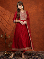 Embroidered Anarkali Kurta With Pant & Bandhni Printed Dupatta, Maroon - Hiral Fashion - Distacart