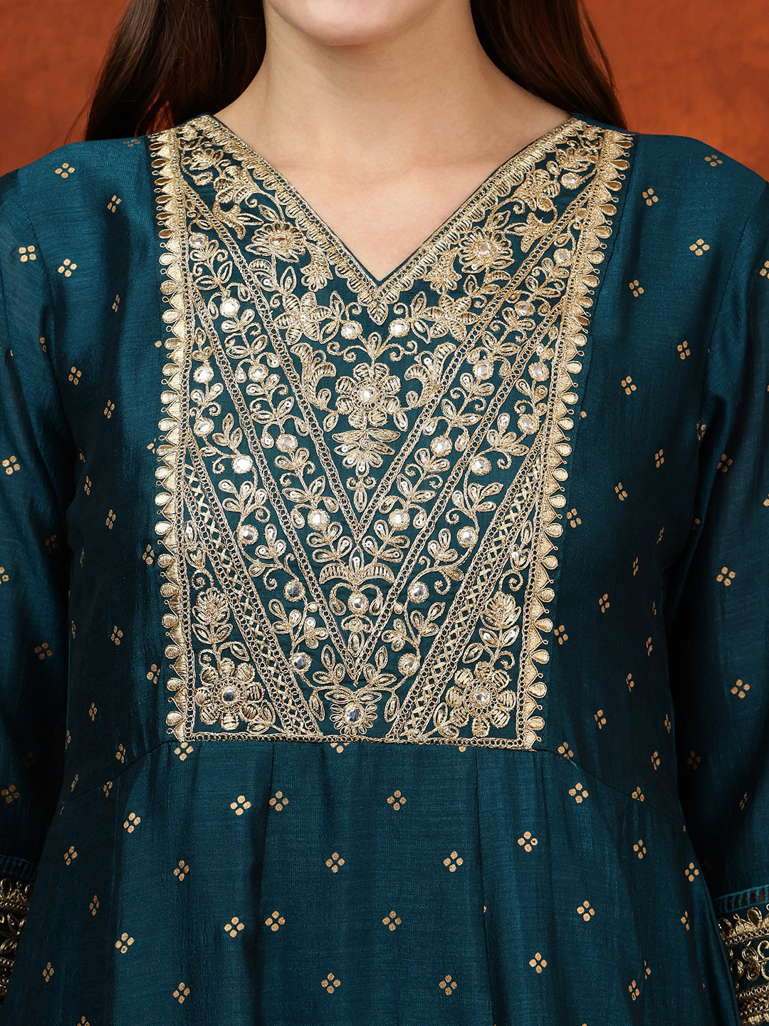 Embroidered Anarkali Kurta With Pant & Bandhni Printed Dupatta, Floral; Teal - Hiral Fashion - Distacart