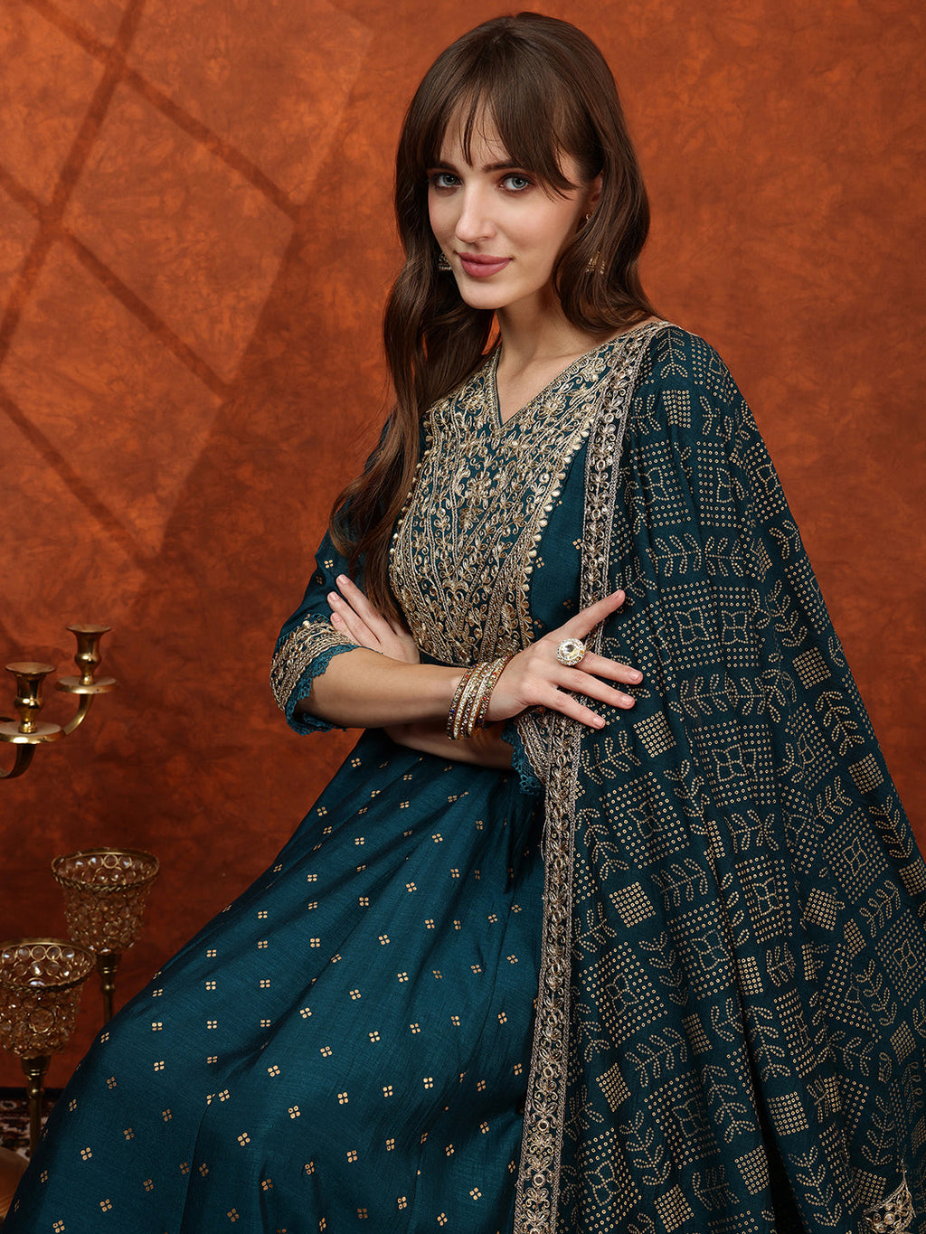 Embroidered Anarkali Kurta With Pant & Bandhni Printed Dupatta, Floral; Teal - Hiral Fashion - Distacart