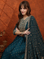 Embroidered Anarkali Kurta With Pant & Bandhni Printed Dupatta, Floral; Teal - Hiral Fashion - Distacart
