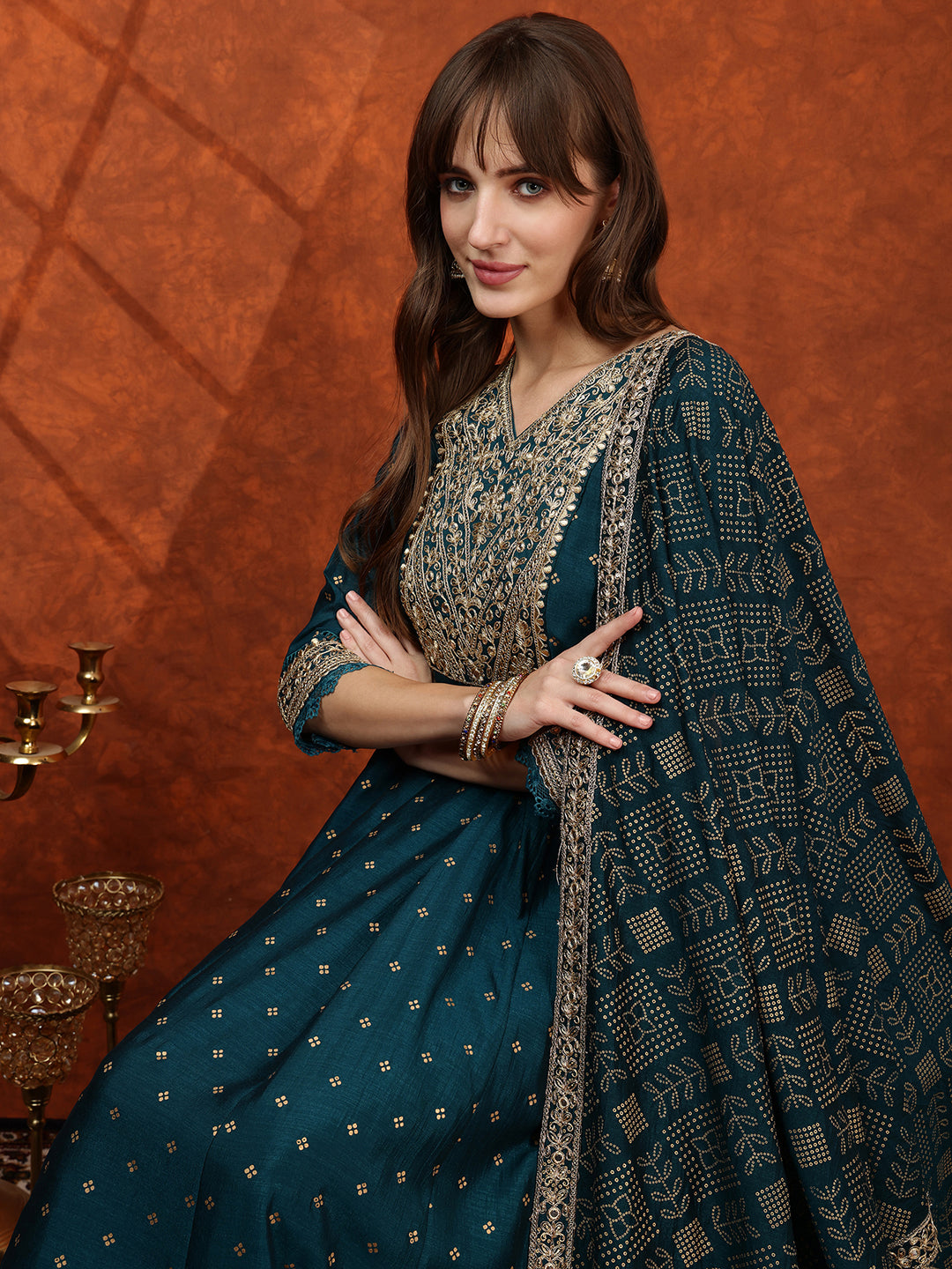Embroidered Anarkali Kurta With Pant & Bandhni Printed Dupatta, Floral; Teal - Hiral Fashion - Distacart