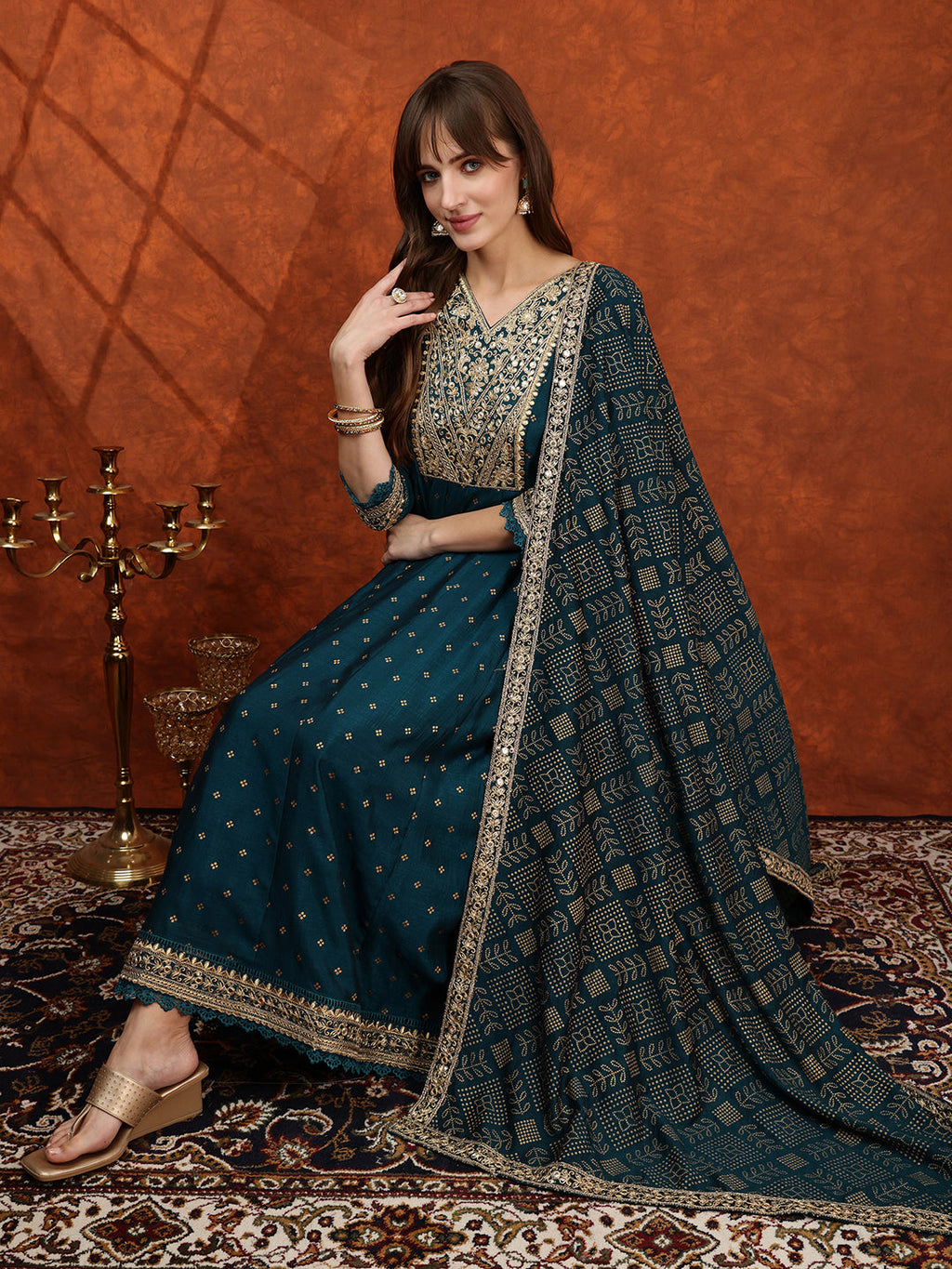 Embroidered Anarkali Kurta With Pant & Bandhni Printed Dupatta, Floral; Teal - Hiral Fashion - Distacart