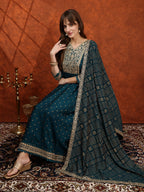 Embroidered Anarkali Kurta With Pant & Bandhni Printed Dupatta, Floral; Teal - Hiral Fashion - Distacart