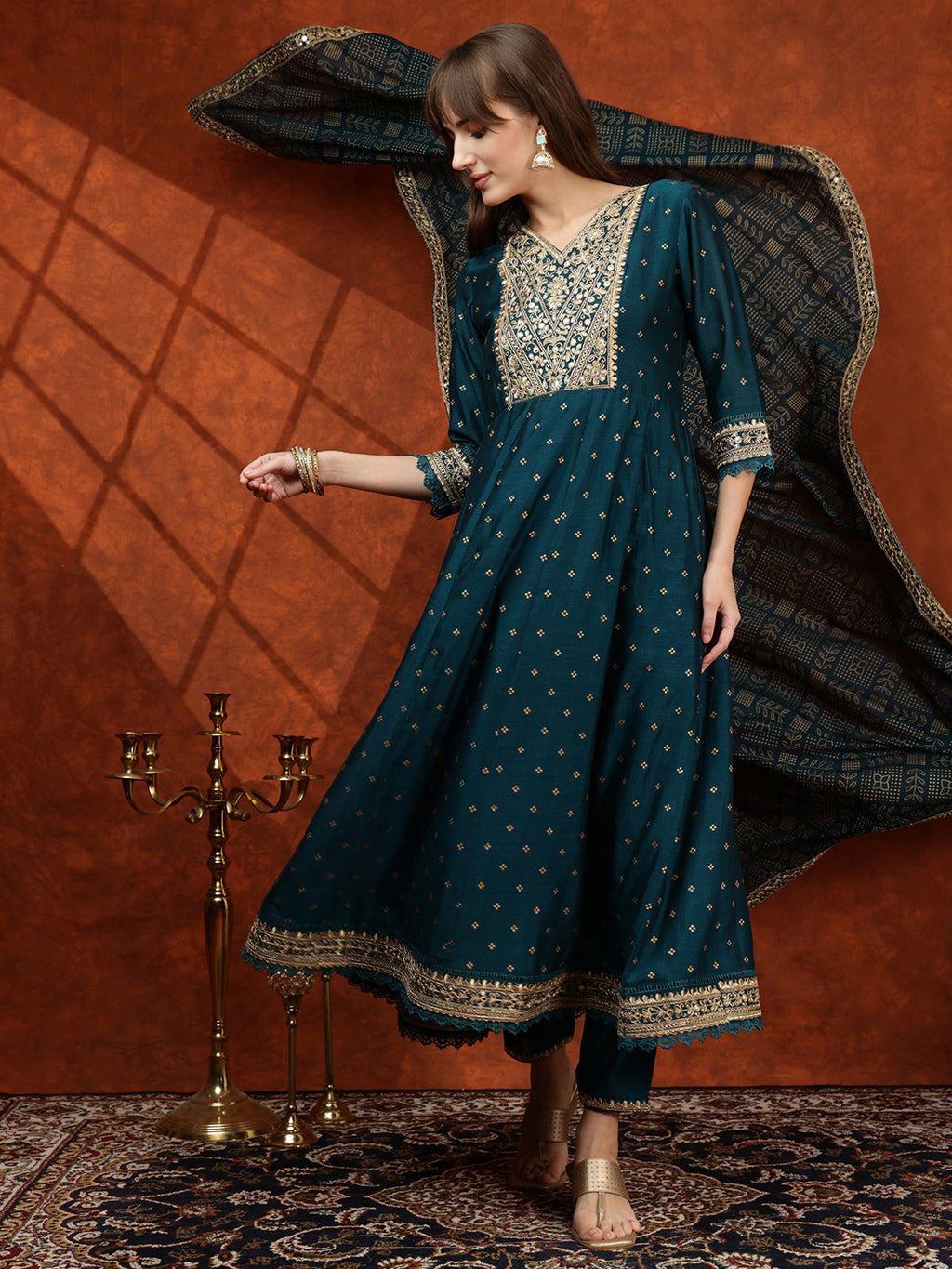 Embroidered Anarkali Kurta With Pant & Bandhni Printed Dupatta, Floral; Teal - Hiral Fashion - Distacart