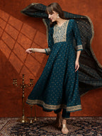 Embroidered Anarkali Kurta With Pant & Bandhni Printed Dupatta, Floral; Teal - Hiral Fashion - Distacart