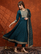 Embroidered Anarkali Kurta With Pant & Bandhni Printed Dupatta, Floral; Teal - Hiral Fashion - Distacart