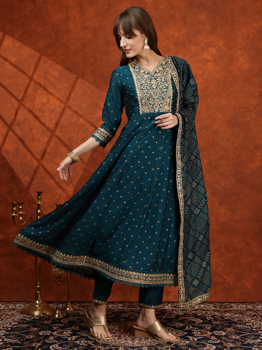 Embroidered Anarkali Kurta With Pant & Bandhni Printed Dupatta, Floral; Teal - Hiral Fashion - Distacart
